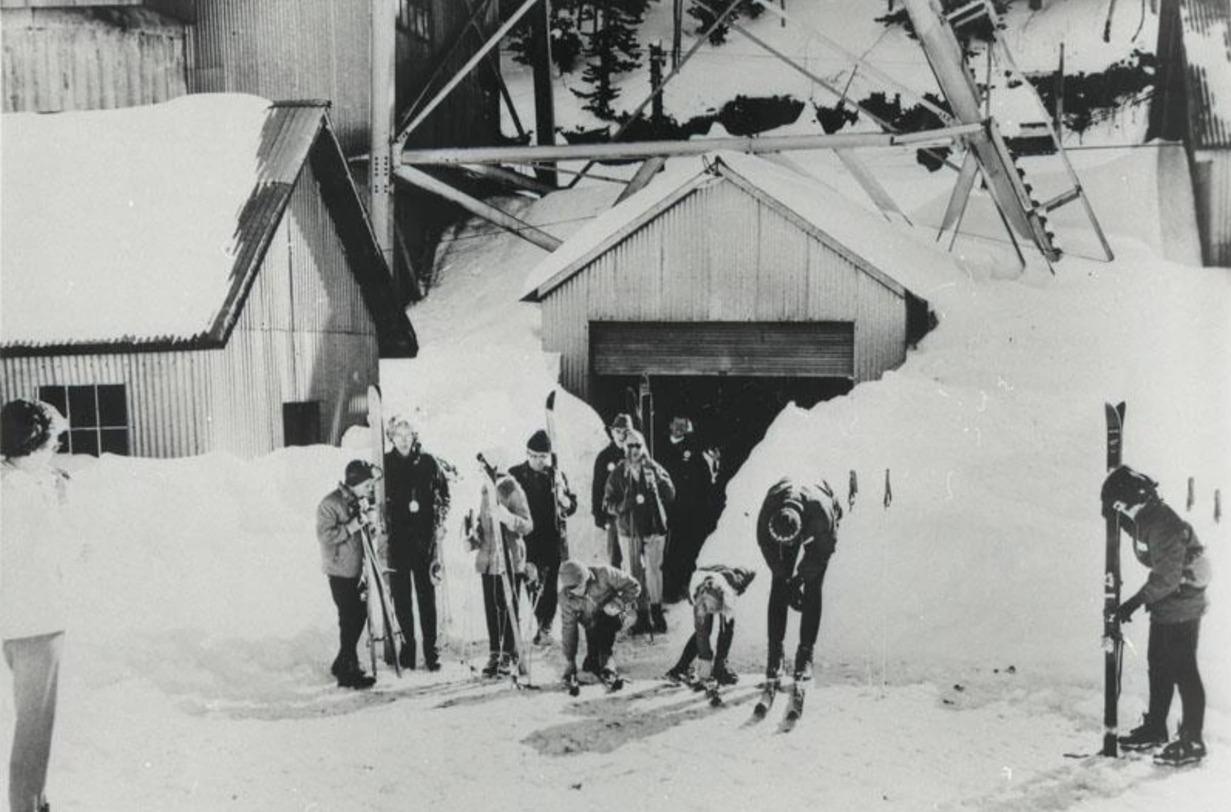 Historic image of skiers coming up from the Thaynes Shaft, taken from the Park City Municipal Staff Report.